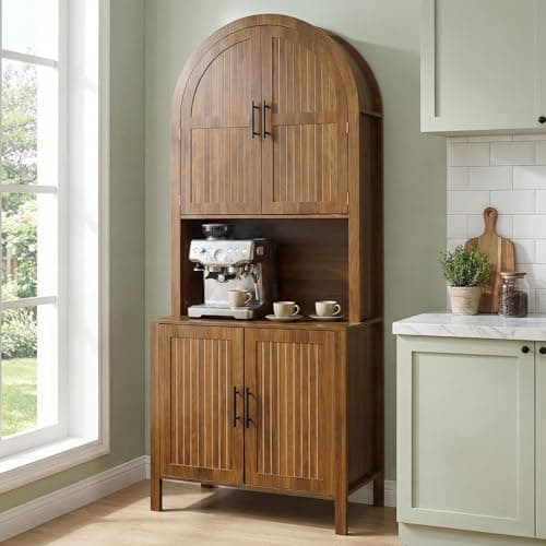zofiauai 76" Tall Arched Kitchen Pantry,Large Storage Cupboard with Fluted Doors,Microwave Shelf,Modern Wooden Buffet Sideboard,Adjustable Shelves,Cabinet for Dining,Living Room,Walnut - Thumbnail 4