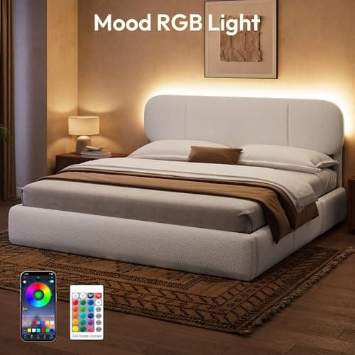Uteeran King Size Bed Frame with Storage, Boucle Cloud Bed with 4 Locking Drawers & LED Lights, Modern Upholstered Platform Bed, Plush Sides & Footboard, Adjustable Headboard, No Box Spring, White - Thumbnail 3