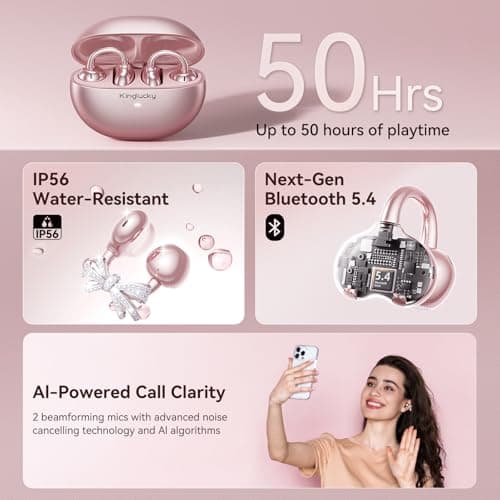 Kinglucky Jewelry-Inspired Clip-On Earbuds with Bow Earrings, Comfortable Fit & 50H Playtime Open Ear Bluetooth 5.4 Wireless Headphones for Women, Small Ears, Sports & Workouts (Pink) - Thumbnail 6