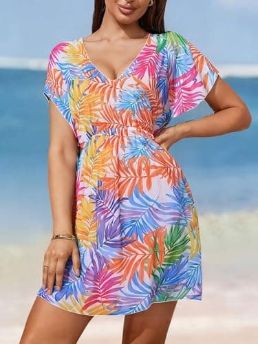 Women's Tropical Leaf Print V-Neck Beach Swim Cover-Up – Short Sleeve Loose Fit (Tropical Multicolor, XXL) - Thumbnail 2
