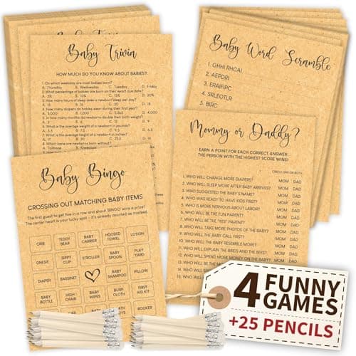 Woodamore Funny Baby Shower Games Gender Neutral - Baby Shower Bingo Game For Girl Boy, Trivia Word Scramble Games For Baby Shower Decorations - Image 1