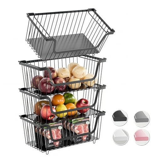 GAOKASE 4 Pcs Stackable Wire Baskets for Pantry Organizers and Storage,Vegetable Fruit Basket for Countertop,Kitchen Storage Metal Baskets,Produce Potato Onion Storage Bin-Black - Image 1