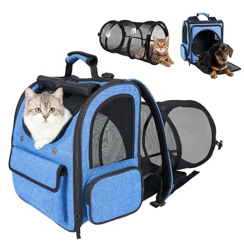 Cat Backpack Carrier, 2 in 1 Expandable Cat Backpack with Breathable Mesh,Cat Carrying Backpack with Detachable Round Play Tunnel for Cat 17lbs & Small Dog 13lbs,Blue.