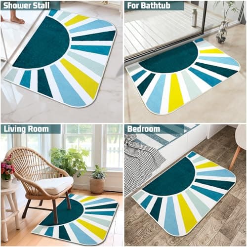 BLESWIN Bathroom Rugs Non Slip, 24x43 Washable Fluffy Colorful Bath Mat, Aesthetic Ultra Soft Rainbow Sun Bathmat for Home Decor Bedroom Kids Room, Blue Green - Thumbnail 6