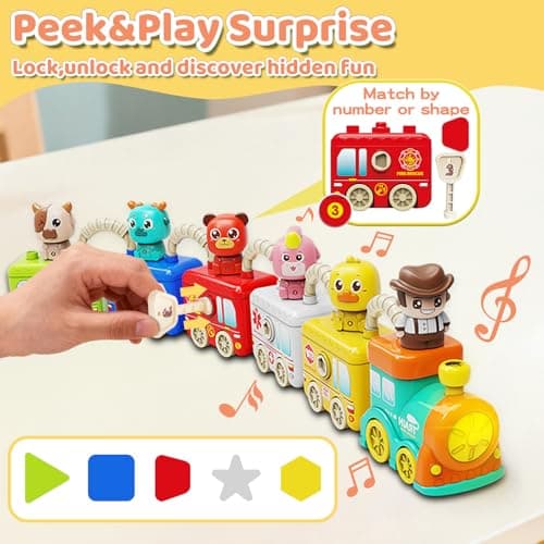 Montessori Train Toys for 2 3 4 Year Olds - Toddler Learning Train Set with Lights & Sounds, 6 Vehicle Transport, Lock & Key Activity, Farm Animal Finger Puppets, Easter Birthday Gift for Boys Girls - Thumbnail 4