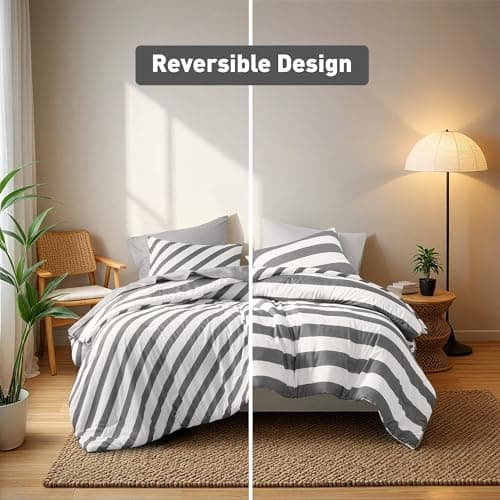 Regency Heights Reversible Striped Twin Comforter Set, Soft Microfiber Bedding Set with Double-Sided Stripes Design, Warm & Cozy for All-Seasons, 2-Piece Comforter and Sham Set Twin Size, Charcoal - Thumbnail 2