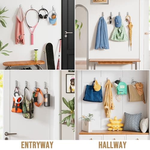 TAILI Adhesive Hooks for Hanging, 4 Coat Hooks & 6 Strips, Heavy Duty No-Drill Removable Large Wall Hanger for Towel, Backpack, Hat, Door,Kitchen Home Decor, Decorative Key Holder - Silver - Thumbnail 6