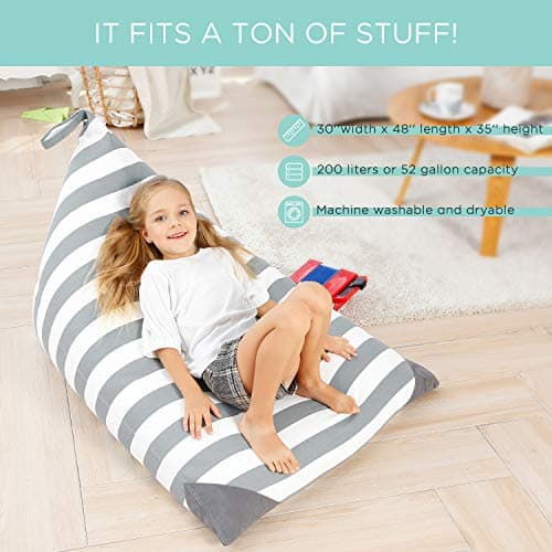 Aubliss Stuffed Animal Storage Bean Bag Chairs Cover, 50"x 35" Extra Large Bean Bags Chair for Kids Adults, Beanbag Toy Storage for Boys Girls - Premium Cotton Canvas Grey Stripe - Thumbnail 3