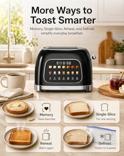 Toaster 2 Slice, Touch Screen Wide Slot Retro Toaster for Bagel & Thick Breads, Stainless Steel Smart Digital Toasters, 7 Bread Modes & 7 Browning Levels, Mute Mode, Memory, Defrost & Reheat, Black - Thumbnail 6