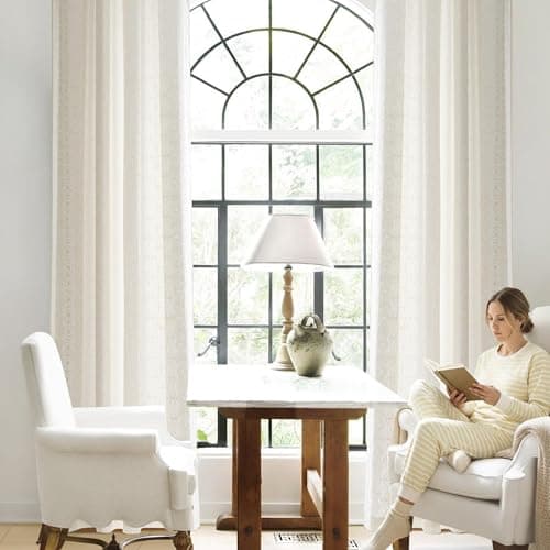 NICETOWN Cream Linen Curtains 9 ft High, Contemporary Floral Ivory White Embroidered High Ceiling Drapes for Cottage, Breathable Texture Chic Geometric Patterned Bronze Grommet, W52 x L108, 2 Panels - Thumbnail 4