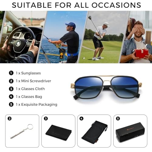 SUNGAIT Polygon Aviator Sunglasses Men Old School Style Adjustable Anti-slip Temples Polarized Lens for Driving Fishing (Matte Black & Gold Frame/Blue Gradient Lens) - Thumbnail 6
