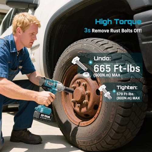 Seesii Impact Wrench 665 FT-LBS(900N.m) 3300IPM 1/2 Impact Gun High Torque Electric Impact Driver Cordless Impact Wrench with 21V 1x4.0Ah Battery 6 Sockets&Case for Home Car Tire Lug Nut Removal Tool - Thumbnail 2