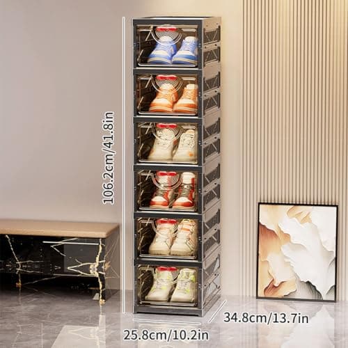 Zuocheng Foldable Shoe Rack Organizer Stackable Shoe Storage Box for Entryway, Closet & Bedroom Large Capacity Sneaker Containers Bins with Lids 6 Pack Black - Thumbnail 4