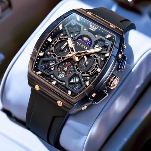 OLEVS Watch for Men Black Silicone Strap 3ATM Waterproof Classic Men Wrist Watch Analog Quartz Casual Multifunctional Moon Phase Square Men Watch Reloj para Hombre Perfect for Social Events - Thumbnail 6
