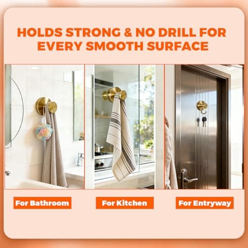 4 Pack 2026 Brushed Gold Suction Cup Hooks for Shower - No Drill Decorative Hooks Hold Towels & Wreaths on Glass Door & Bathroom Mirror - Heavy Duty Waterproof - Thumbnail 5