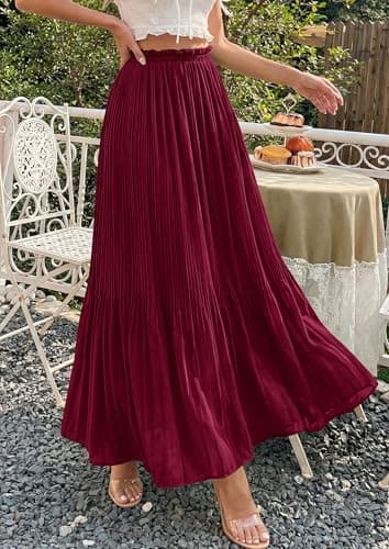 PRETTYGARDEN Pleated Midi Skirts for Women 2026 Flowy Summer Beach Vacation High Waisted Chiffon Boho A-Line Long Skirt(Wine Red,Small) - Thumbnail 5