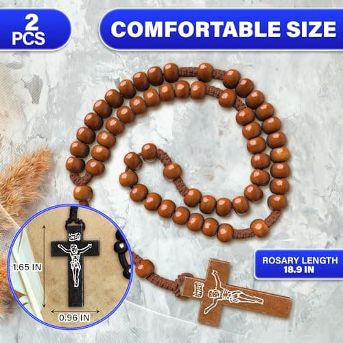 2Pcs Small Wood Rosary Necklace – Wooden Cross Necklaces for Men and Women with Tan or Black Beads, 22" Length and 6" Drop – Lightweight Cross Accessory for Daily Wear, Layering, Prayer or Gifting - Thumbnail 2