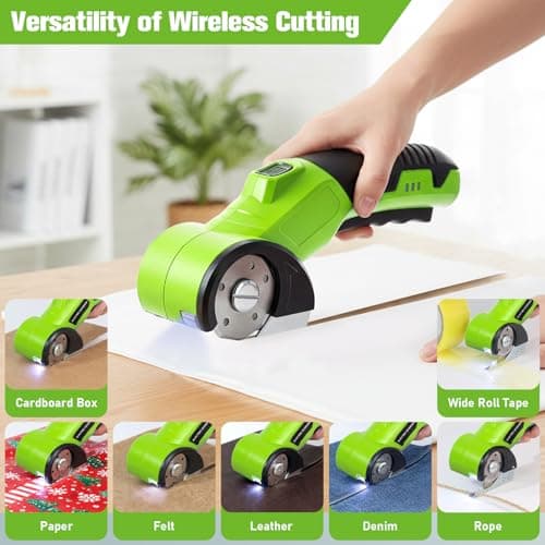 Qidejoy Cordless Cardboard Cutter Electric Scissors, Heavy Duty High-speed Rotary Box Cutter Tools for Fabric, Carpet, Paper, with 2 Blades & Gloves, 4.2V Rechargeable Battery, LED Light, Green - Thumbnail 4