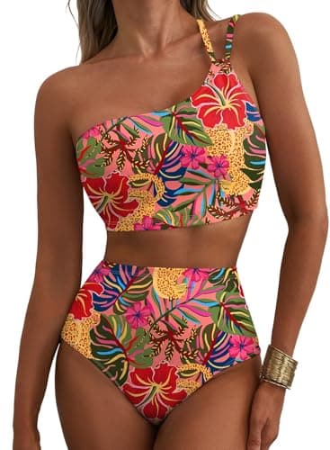 Herseas Women Bikini Sets One Shoulder Padded Swimsuits High Waisted Stretchy Full Coverage Two Piece Retro Bathing Suits Flattering 2026 Beach Cruise Essentials Tropical Animal Print X-Small - Image 1