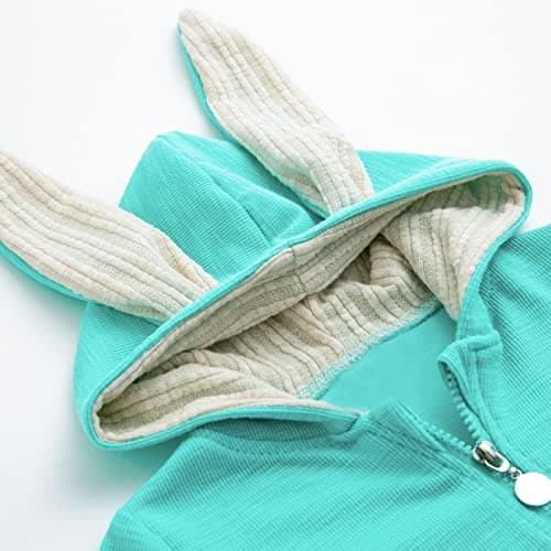 Simplee kids Animal Bunny Baby Easter Clothes Long Ear Rabbit Hoodie Romper with Zipper Blue Turquoise 6-12 Months - Thumbnail 3