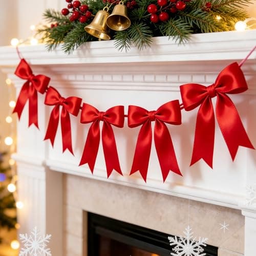 1 String Red Bow Garland Banner Decorations, Pre-Strung Satin Ribbon Bows for Birthday, Baby Shower, Bridal Shower, Coquette Girls Room, Bow Themed Party, Wedding, Christmas Tree Decorations - Image 1