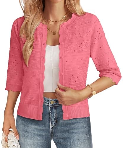 GRACE KARIN 3/4 Short Sleeve Cardigan Sweaters for Women Button Up Lightweight Summer Cardigan Open Front Crop Jacket Pink 2XL - Image 1