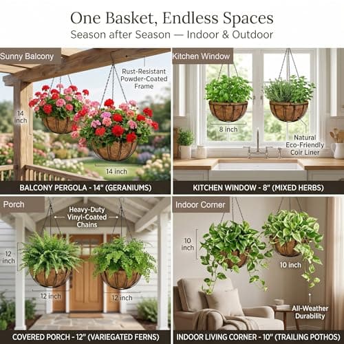 Kingbuy 8" Metal Hanging Basket for Small Succulents & Herbs – 5" Depth Rust-Resistant Wire with Coconut Liner & Chain for Kitchen Window, Balcony & Small Spaces - 2 Pack - Thumbnail 3