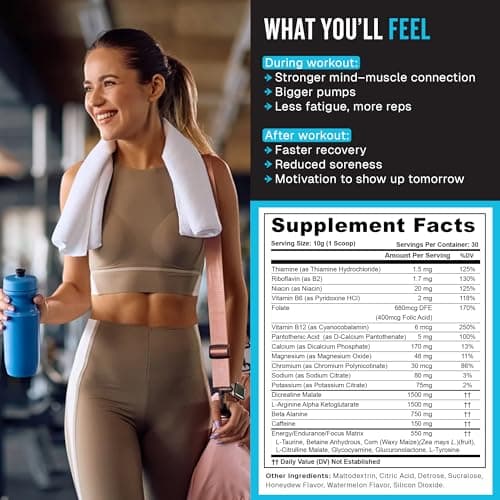Fit Boxx FocusDrive Pre-Workout Powder – 150mg Caffeine, L-Arginine AKG, Dicreatine Malate, Beta-Alanine, Citrulline Malate, Electrolytes & Nootropics – Sugar-Free, 30 Servings- Watermelon - Thumbnail 6