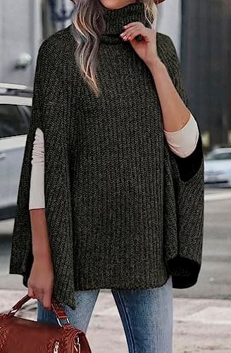 KIRUNDO Women's 2026 Fall Winter Turtleneck Poncho Sweater Fashion Chunky Knit Cape Wrap Sweaters Pullover Jumper Tops(Army Green, Medium) - Thumbnail 6