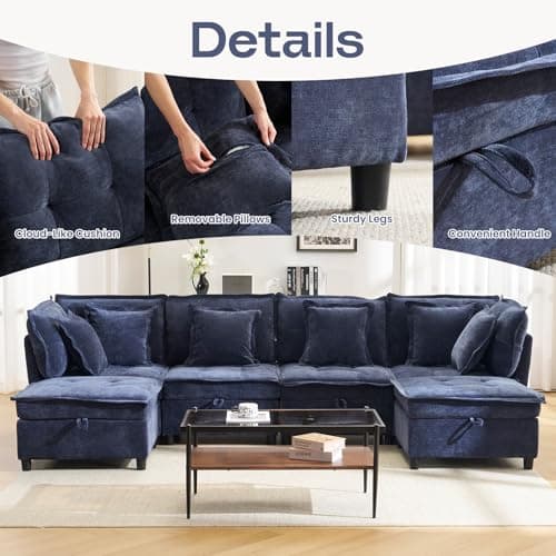 fanzutuz Modular Sectional Sofa, 102.5" L-Shaped Cloud Couch with Storage, 4-Seater Deep Seat Couch with Tufted Cushions & Removable Pillows, Comfy Chenille Couches for Living Room, Blue - Thumbnail 6