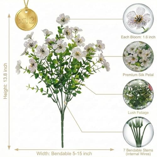 Enlightcode Artificial Mums for Outdoors, Faux Mums of Fake Flowers for Outdoor Planters, No Fade Vibrant Artificial Flowers for Porch Patio Yard Decoration, 12 Bundles, White - Thumbnail 2