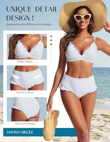 Hanna Nikole Womens Swim Suits High Waisted Bikini Sets Swimsuits Trendy Bathing Suits Gray Blue White Striped S - Thumbnail 3