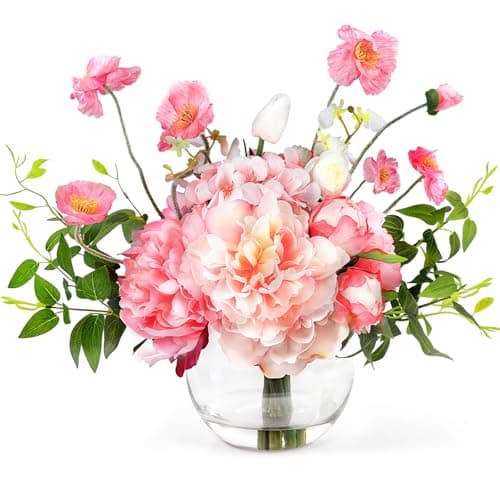 AMORISE Peonies Artificial Flowers in Vase, Pink Flowers Artificial with Faux Water, Silk Peonies Artificial Flowers Indoor Realistic Fake Flowers for Centerpiece Table Wedding Party Home Decor - Image 1