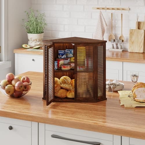 WouZglk Extra Large Corner Bread Box for Kitchen Countertop, 16.5 Inch Charred Pine 2-Tier Breadbox with Glass Wavy Door Panel, Vintage Farmhouse Style Wood Design (Pine Wood) - Thumbnail 2