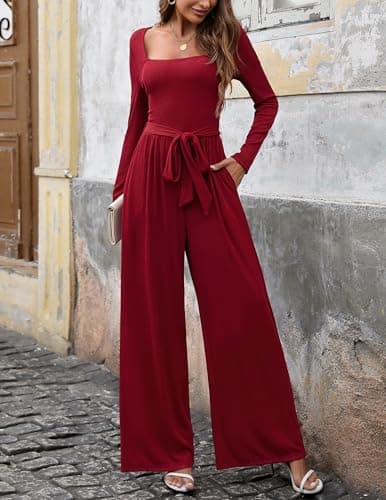 LOOKBOHO Womens Jumpsuit Dressy Square Neck Long Sleeve Belted Wide Leg Romper One Piece Casual Spring Outfits Wine Red XL - Thumbnail 4