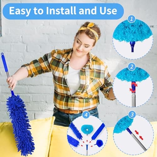 6-in-1 Duster for Cleaning Kit, Extendable Duster with Stainless Steel Pole - Microfiber, Ceiling Fan Cleaner Dusters and Chenille Dusters, Bendable Cobweb Removers for High Ceilings, Fans, Blinds - Thumbnail 2
