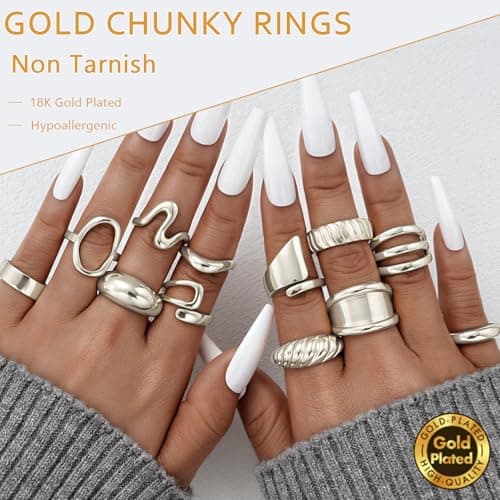 17 MILE 12 PCS Chunky Silver Rings for Women, Statement Open Stacking Rings, Stackable Knuckle Band Ring Set - Thumbnail 3