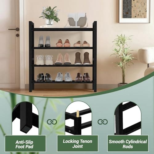 Haddockway Bamboo Shoe Rack for Closet, Free Standing Shoe Organizer with Smooth Round Rods & Convenient Handles, Stackable Shoe Storage Shelf for Entryway, Hallway(Black, 4-Tier(Small)) - Thumbnail 6