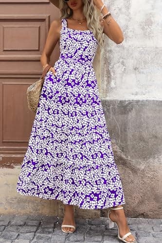 PRETTYGARDEN Women's Summer Floral Maxi Dress Sleeveless Smocked Ruffle Long Flowy Beach Vacation Boho Sundresses (Floral Purple White,Medium) - Thumbnail 5