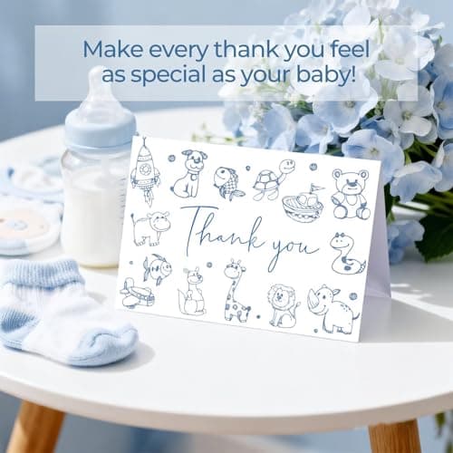 Oaken Leaford 48-Pack Baby Shower Thank You Card Set with Envelopes & Stickers, Cute Blue Cartoon Design Blank Note Cards for Newborn Celebrations - Thumbnail 2
