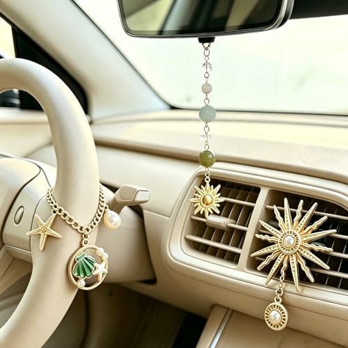 3 Pcs Christian Car Accessories for Women - Rear View Mirror Cross, Steering Wheel Rosary Charm & Air Vent Clip - Cute Girly Bling Car Decor (Green) - Image 1