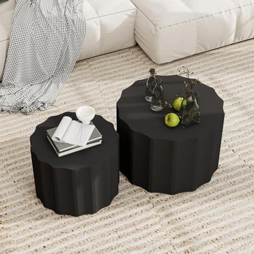Furnivado Nesting Coffee Table Set of 2, Modern Round Coffee Table with Non-Slip Feet, Wooden Circle Accent Tables for Small Spaces, Side End Table for Living Room, Bedroom, Balcony, Office, Black - Thumbnail 6