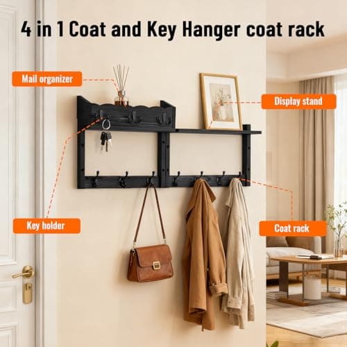 Dellicasi 28" Coat Rack Wall Mount with Shelf, Entryway Key Holder Wall Mount Wood Wall Coat Hooks with 7 Hooks 3 Key Hanger, Wall Mounted Coat Rack Mail Holder for Living Room, Bedroom - Thumbnail 3