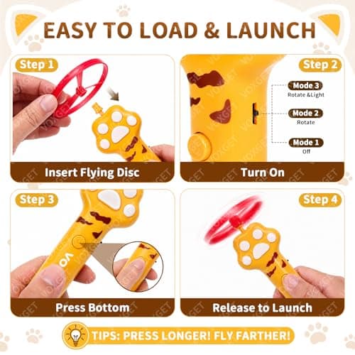 VOXGET Interactive Cat Flying Disc Launcher Toy, Rechargeable Disc Launcher with 8 Flying Discs, Enrichment Fetch Toys for Indoor Bored Kitten Adult Cats Hunting, Chase Toy for Dog Active Play(Yellow) - Thumbnail 5