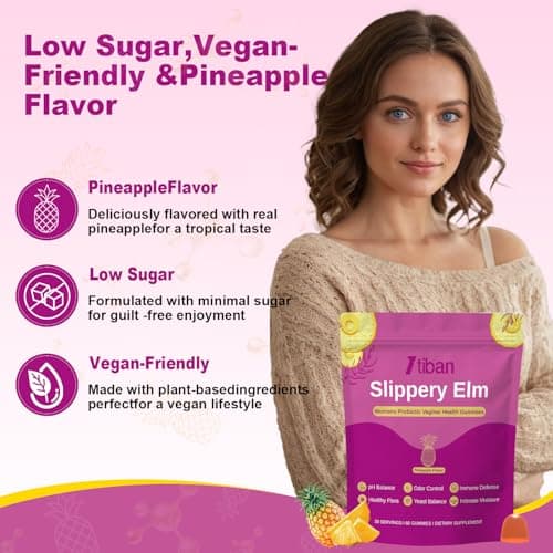 Itiban Slippery Elm Feminine Probiotic Moisture Gummies, pH Balance, Vaginal Flora, Odor Health with Bacillus coagulans, Delicious Pineapple Flavor, 60 Count - Thumbnail 4