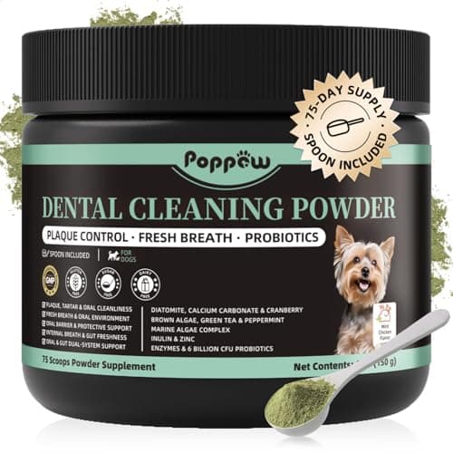POPPAW Dog Dental Powder, Teeth Cleaning Powder, Plaque & Tartar Off, Fresh Breath Support, No Brushing Oral Care, Mint Chicken Flavor, 75 Servings - Image 1