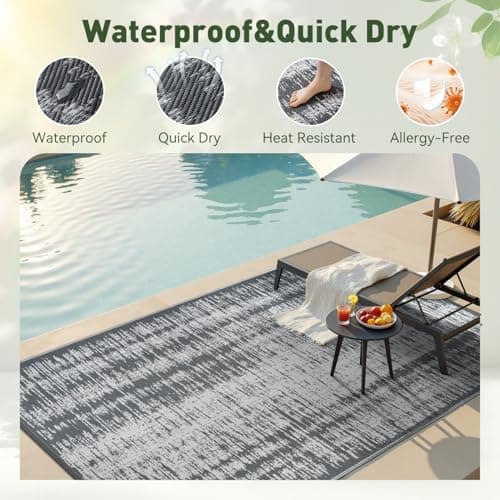 MontVoo Outdoor Rug Waterproof 5x8 ft Outdoor Carpet Patio Rug Mat Reversible RV Camping Rug Plastic Straw Outside Rug for Balcony Porch Deck Picnic Beach Modern Grey - Thumbnail 2