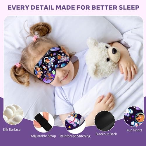 Kids Silk Sleep Mask: 100% Mulberry Silk Eye Mask with Adjustable Strap, Soft Blackout Boys Girls Sleeping Mask, Cute Printed Blindfold for Travel/School/Bed, Gift for Ages 5–15 (Space Dog Style) - Thumbnail 2