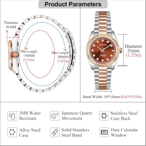 KNISKRED Classic Watch for Women with Crystal Accented and Solid Stainless Steel Band Ladies Dress Watch Water Resistant (Silver Brown) - Thumbnail 6