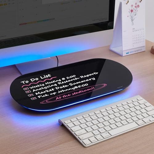 TSJ OFFICE Glass Desktop Whiteboard - 17 X 7 Inches Small Dry Erase Board with Blue Light, Glass White Board Surface Notepad with 1 Drawer, Desk Organizers for Office, Home, School Supplies (Black)